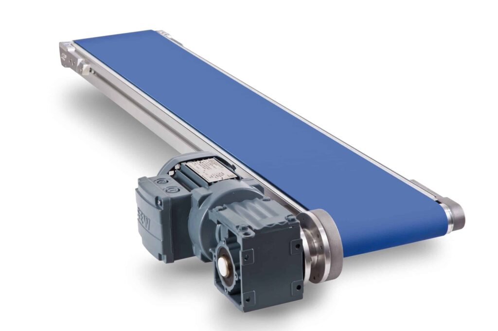Belt conveyors example by Easy Conveyor. This type of flat conveyor belts is electrically driven.