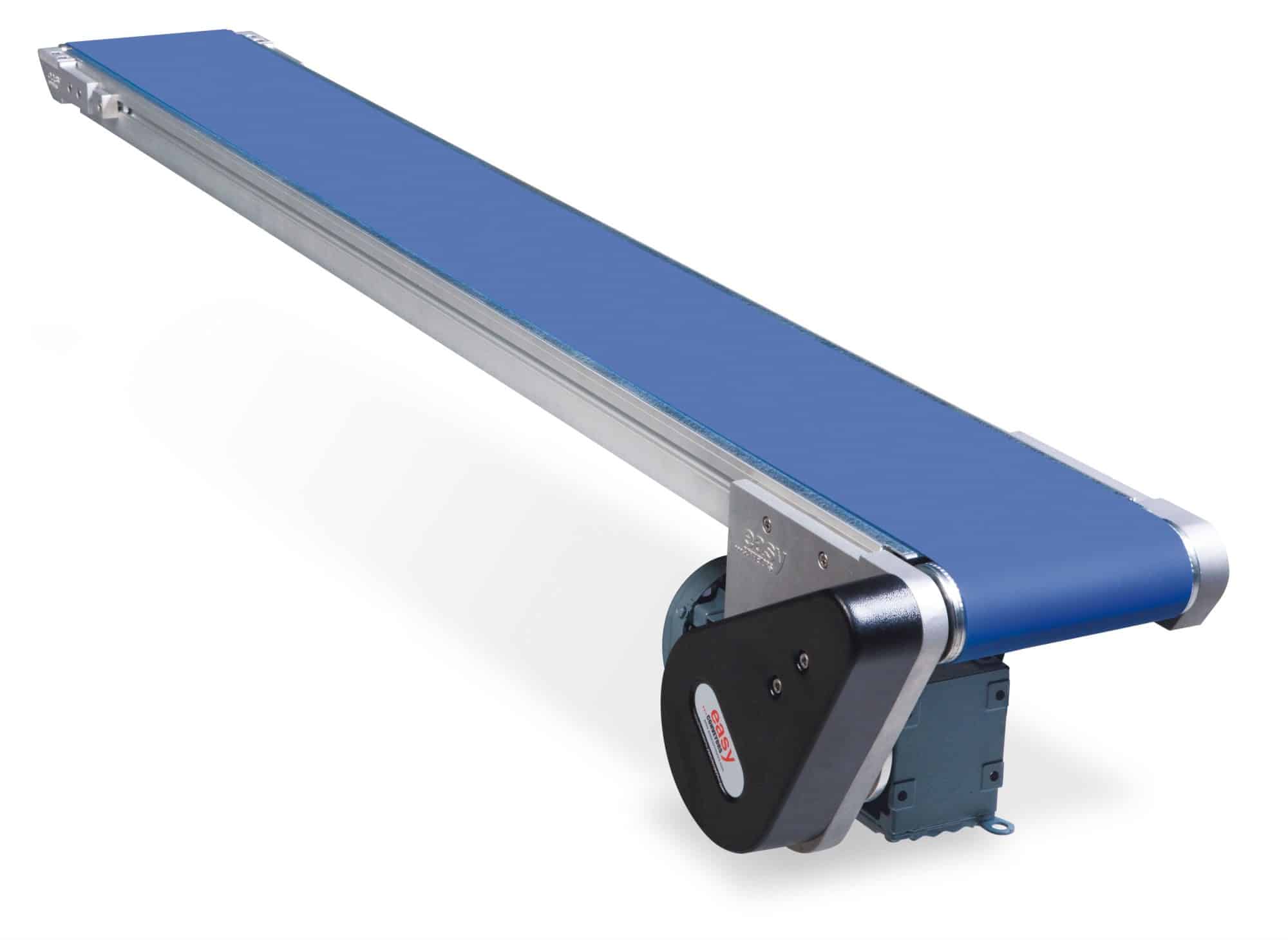 Our flat conveyor belts come in different versions. This is an electrically driven example.